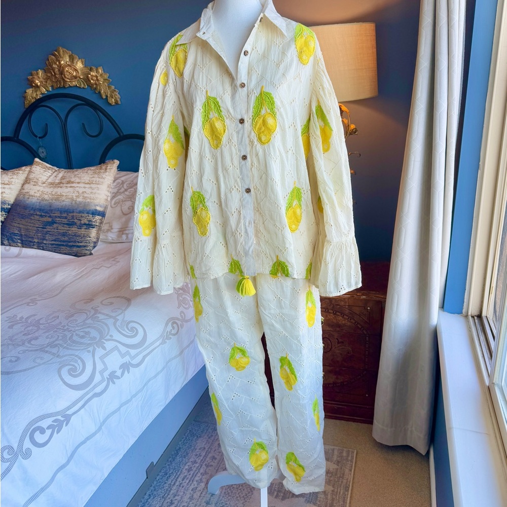 Beaded Embroidered Lemons 100% Cotton Shirt and Pants Set NWOT